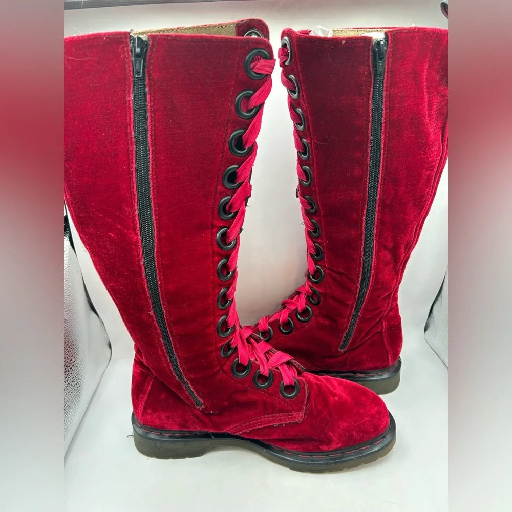 RARE Dr Martens red velvet  20 eye tall knee high zip Combat boots Men10 Women11 - Picture 11 of 16